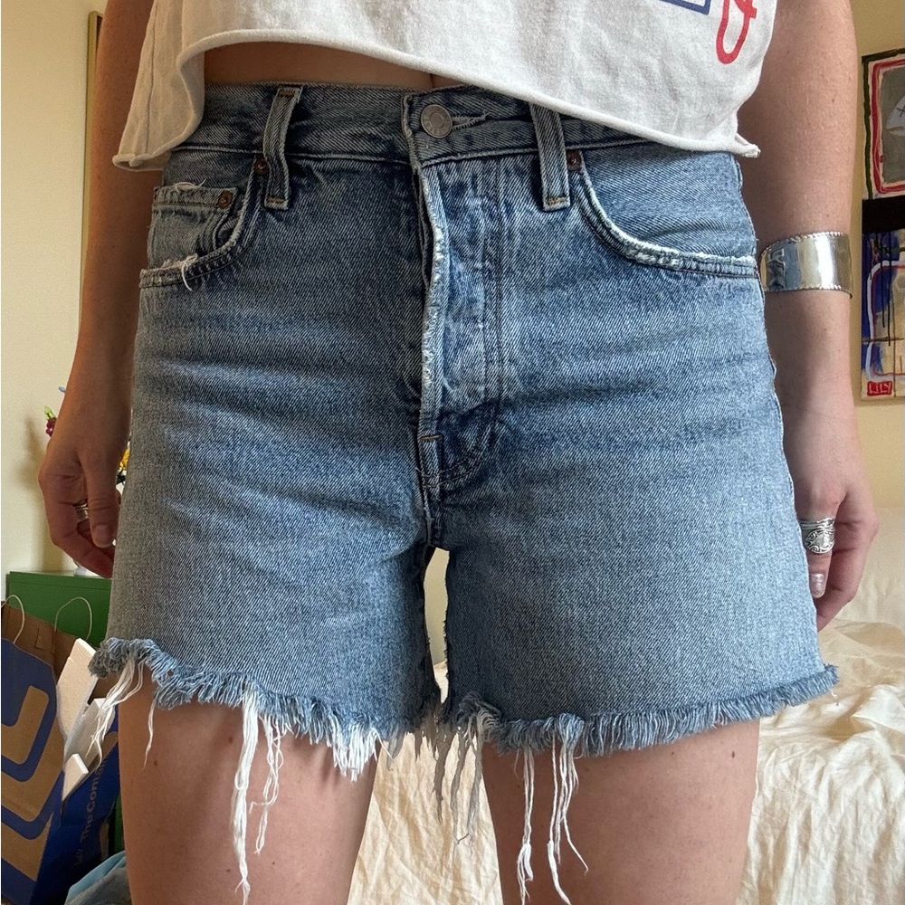 Agolde Blue Frayed Jean Shorts